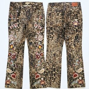 Floral Embroidered Leopard Print Flare Jeans
